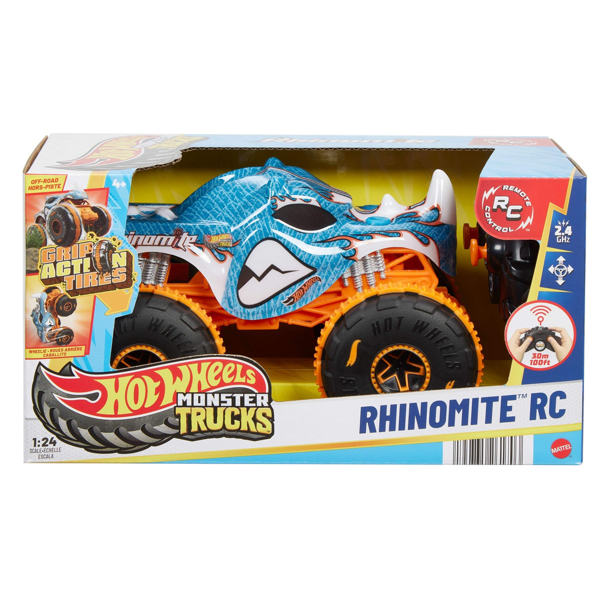 Hot Wheel RC Monster Trucks Rhinomite in 1:24 Scale, Battery-Powered Remote-Control Toy Truck