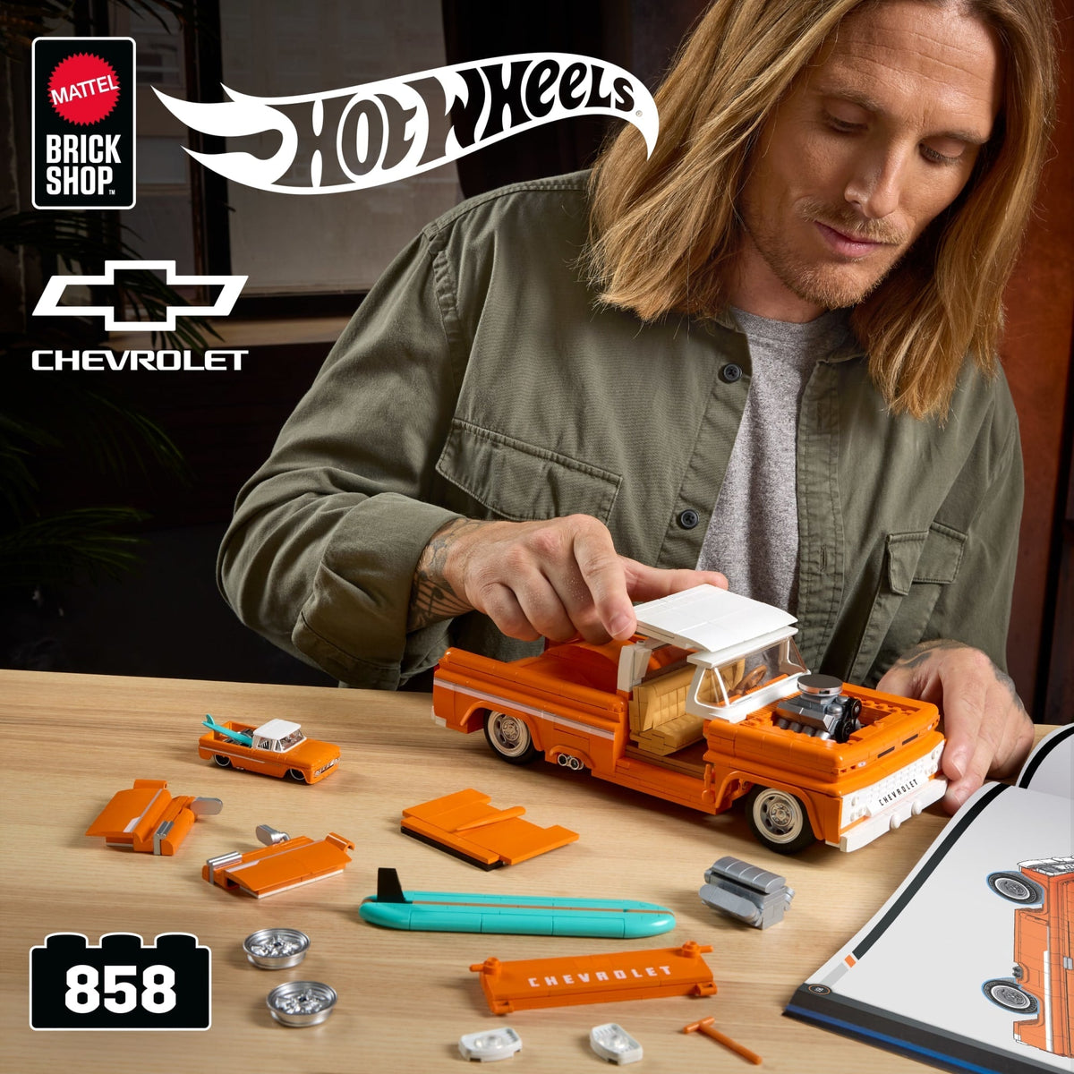 Mattel Brick Shop Hot Wheels Custom ’62 Chevy Pickup Building Toy Kit (858 Pieces), For Collectors