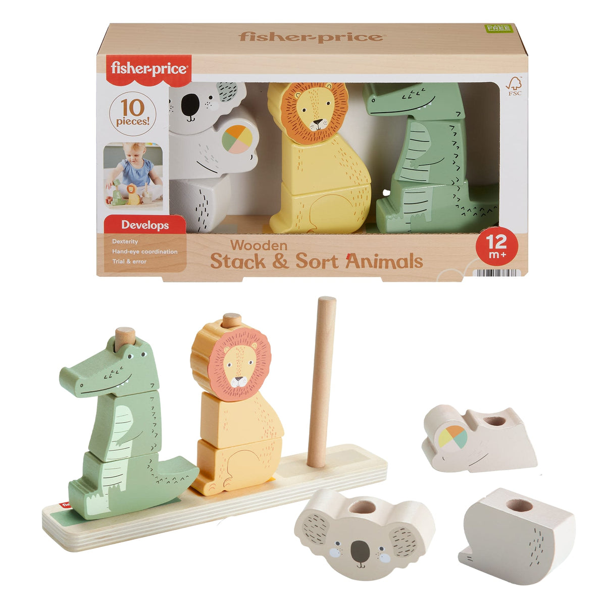 Fisher-Price Brinquedo para Bebês Animais Empilháveis de Madeira
