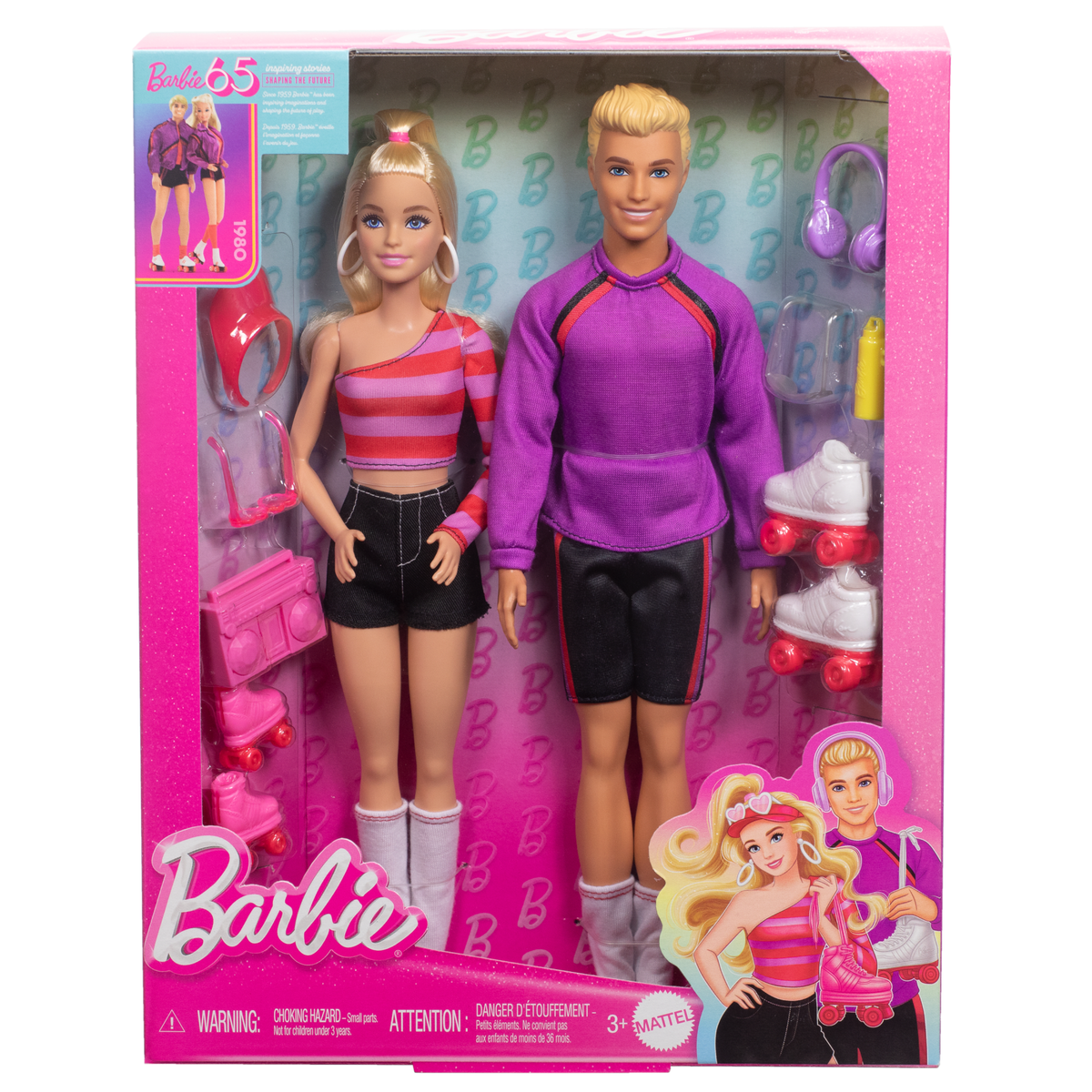 Barbie Fashionistas 2 Doll & 6 Accessories Set, Roller-Skating Theme, 65th Anniversary