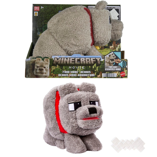 Minecraft Food Mode Dennis Plush Interactive Toy With Sounds & Bone Accessory, Inspired By The Movie