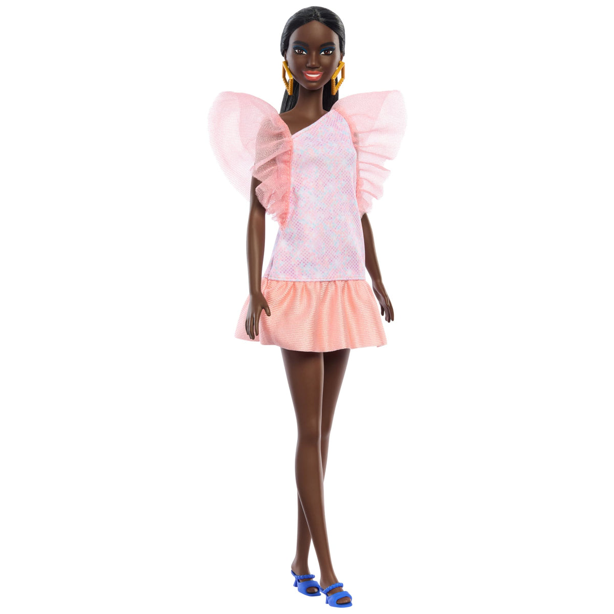 Barbie Fashionistas Doll #216 With Tall Body, Black Straight Hair & Peach Dress, 65Th Anniversary